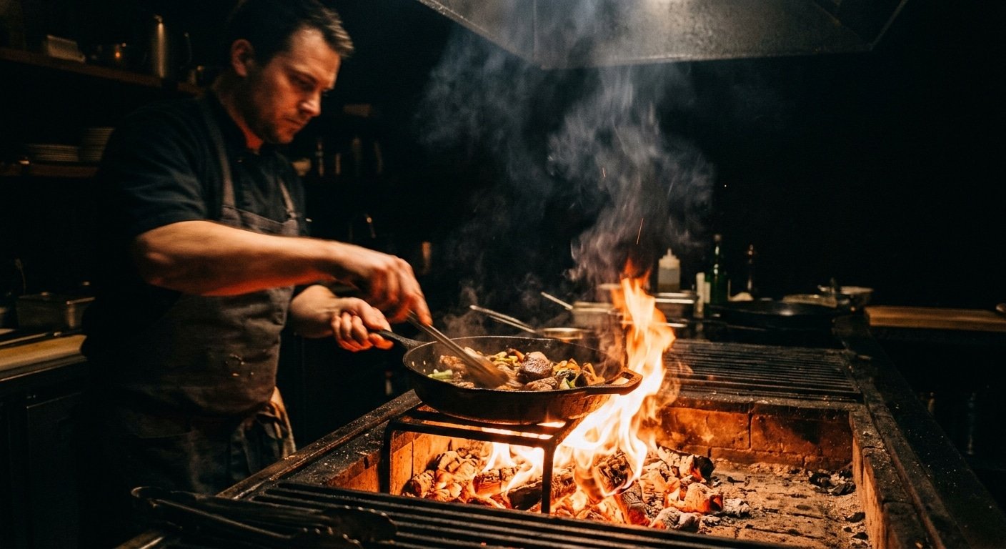 A cook working a flaming pan in a dark kitchen