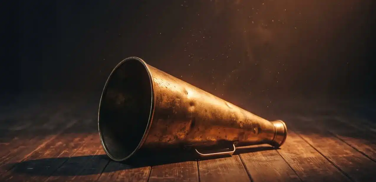 Old brass megaphone resting on a worn wooden floor