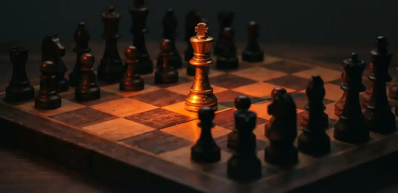 Brass king standing among dark chess pieces on a wooden board