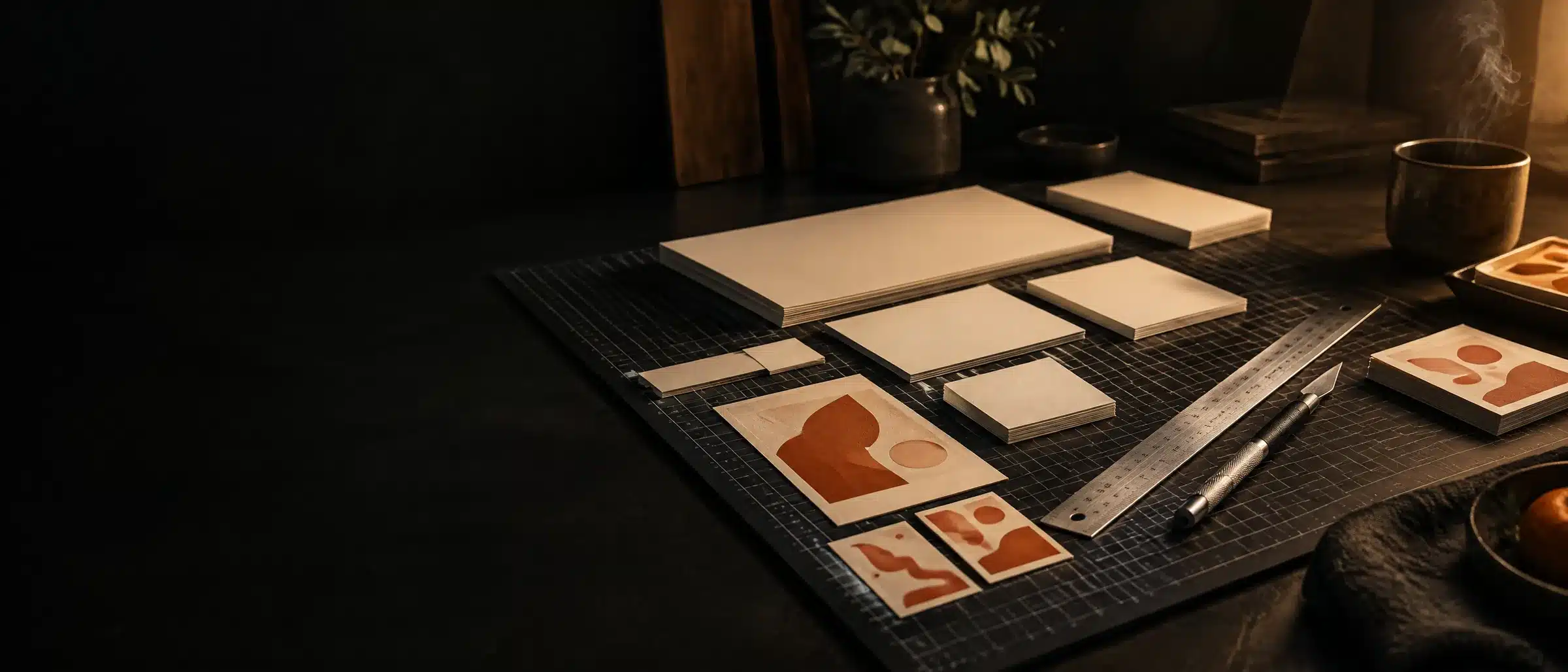 Paper trimmed to card and flyer sizes on a cutting mat