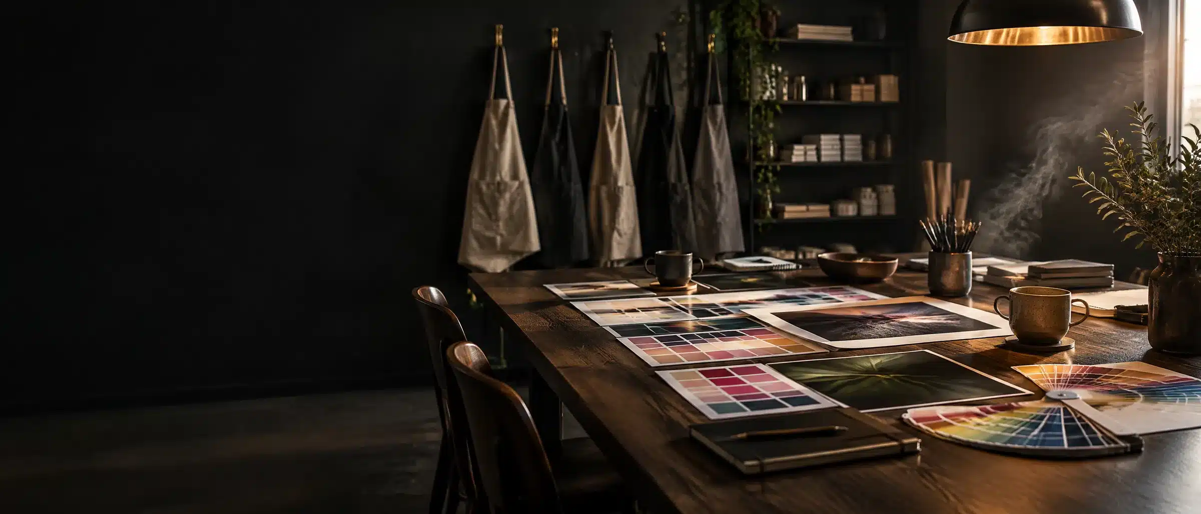 Colour swatches and proofs on the long table at the STS Media studio