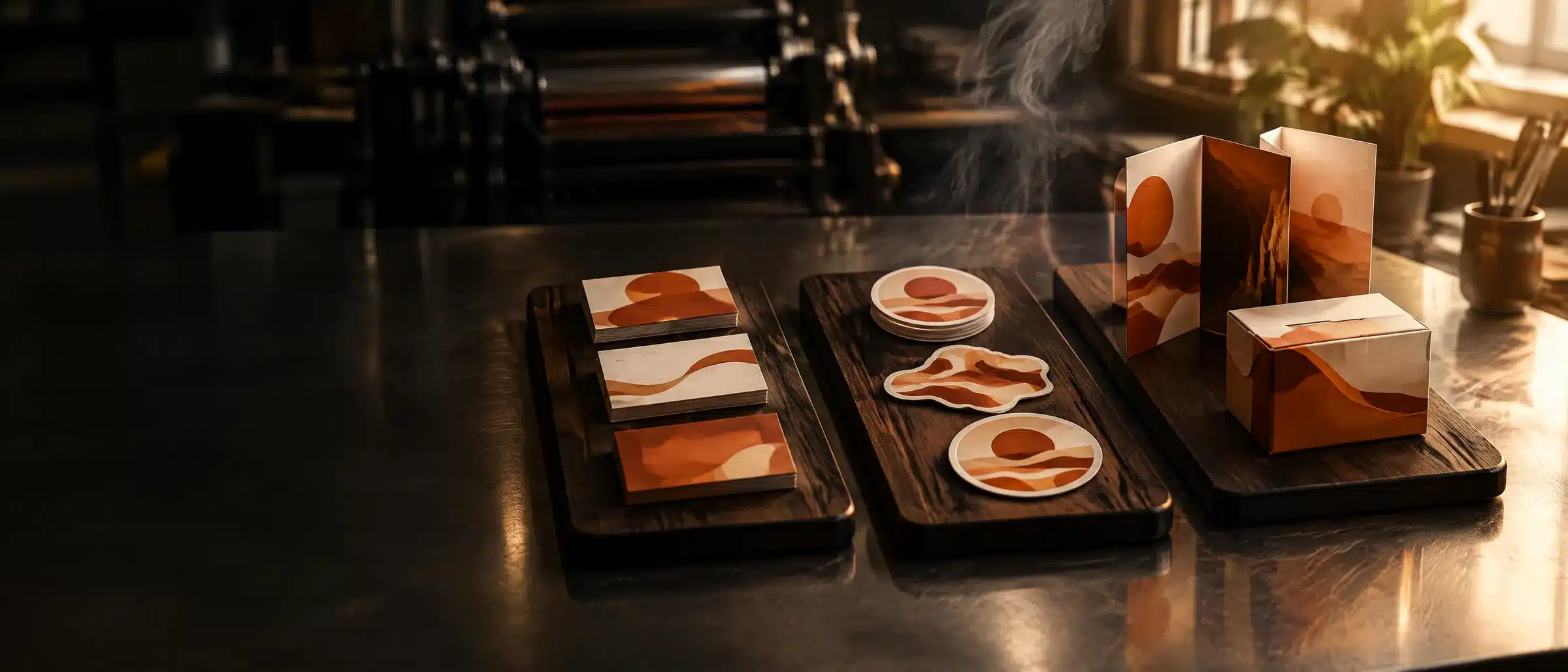 Sample cards, stickers and boxes served on wooden boards in the STS Media studio