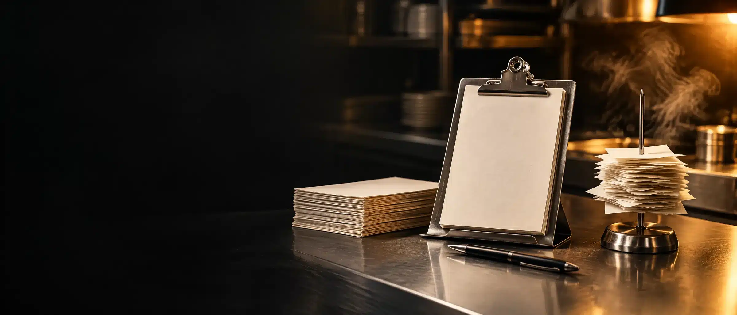 Clipboard with blank order sheets and an order spike on the studio counter