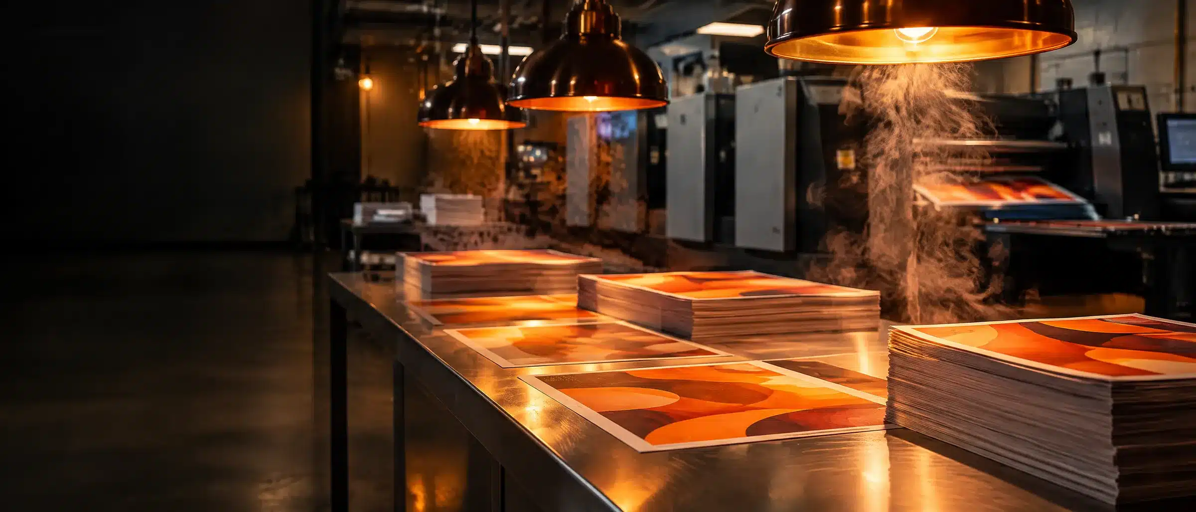 Fresh print runs stacked on the steel counter beside the presses