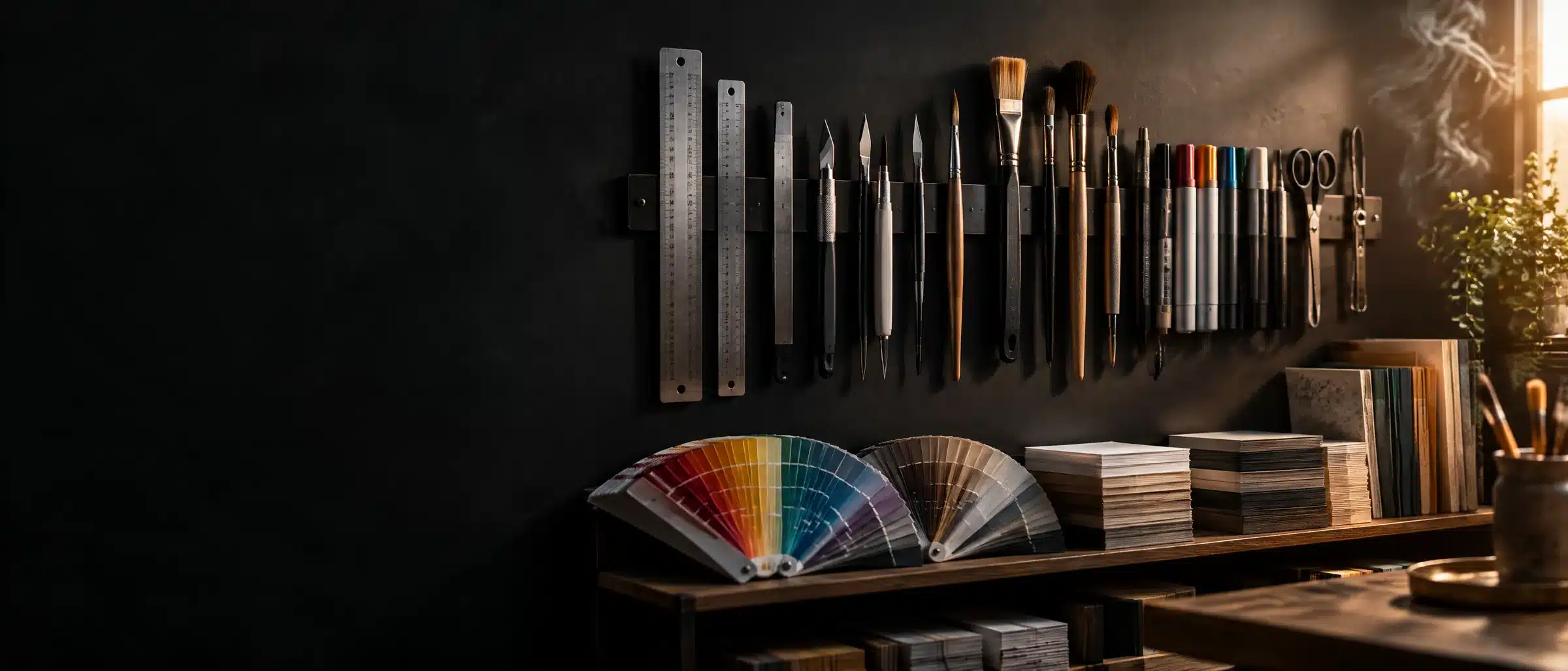 Design tools on a magnetic rail above swatch fans and paper stocks