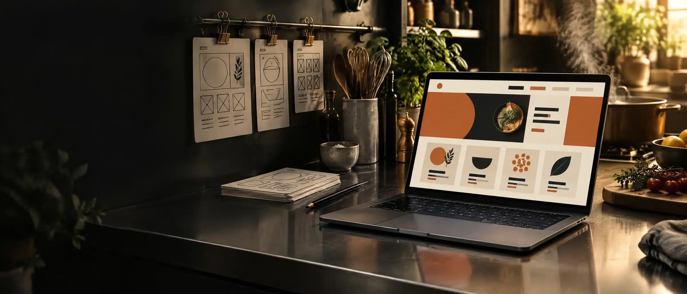 Laptop showing a website layout beside wireframe sketches on the studio counter