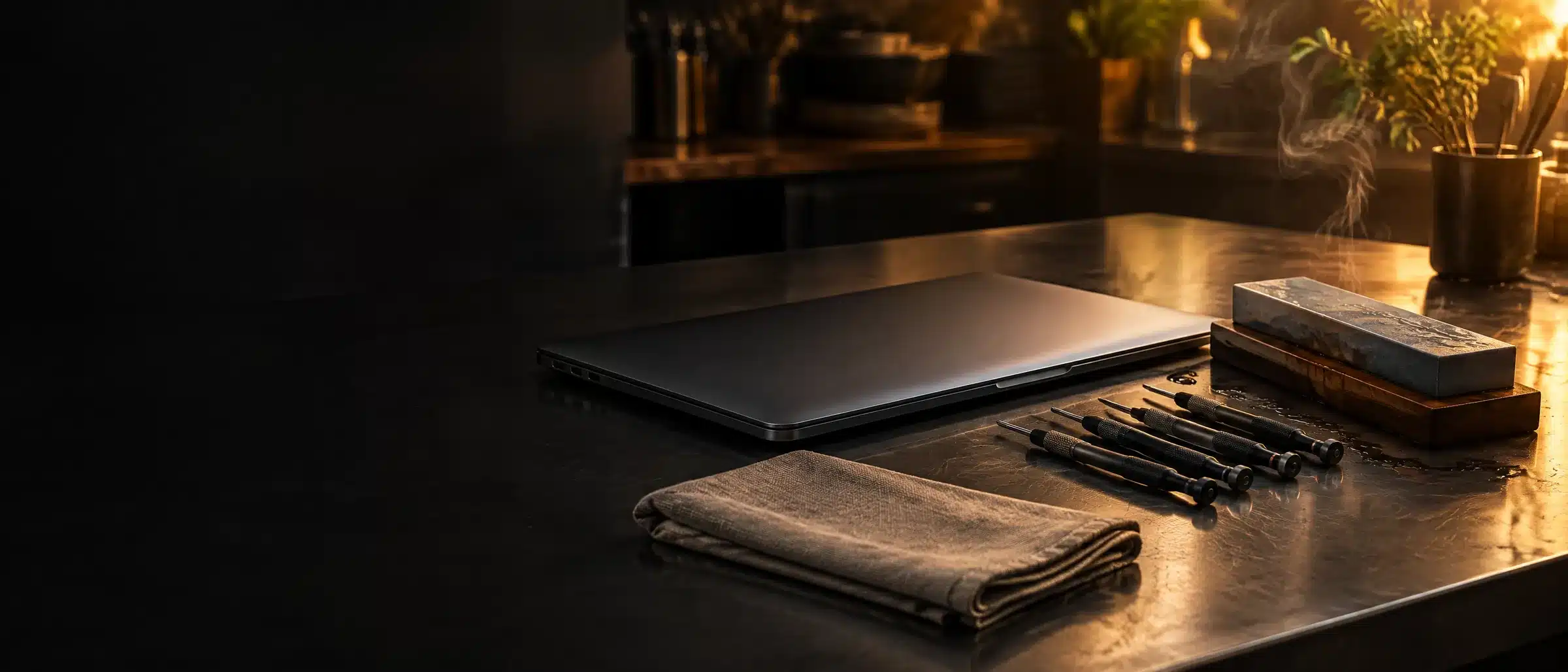Closed laptop and precision tools laid out on the studio counter