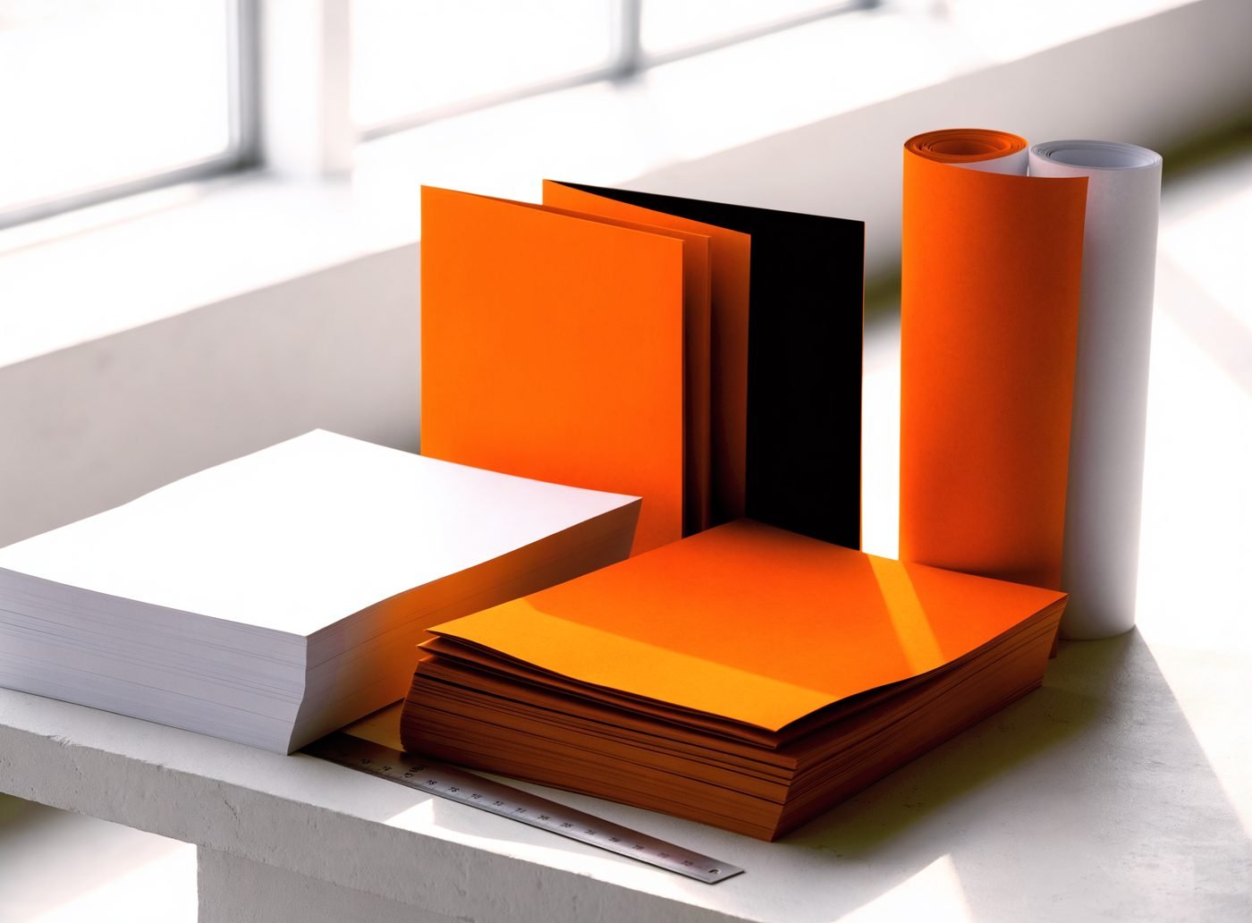 Stacks of blank white and orange sheets, a folded orange and black cover standing on edge, and two rolled posters on a daylit studio bench beside a steel ruler